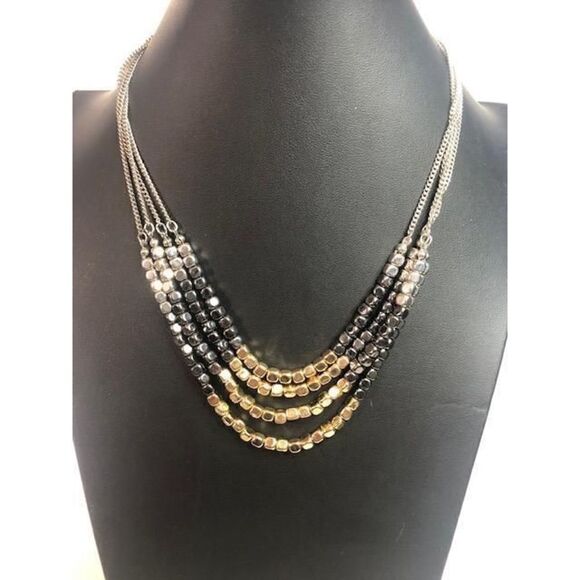 663 Kenneth Cole 3 layer beaded goldtone silvertone hematitetone necklace 18-21" - Picture 1 of 2